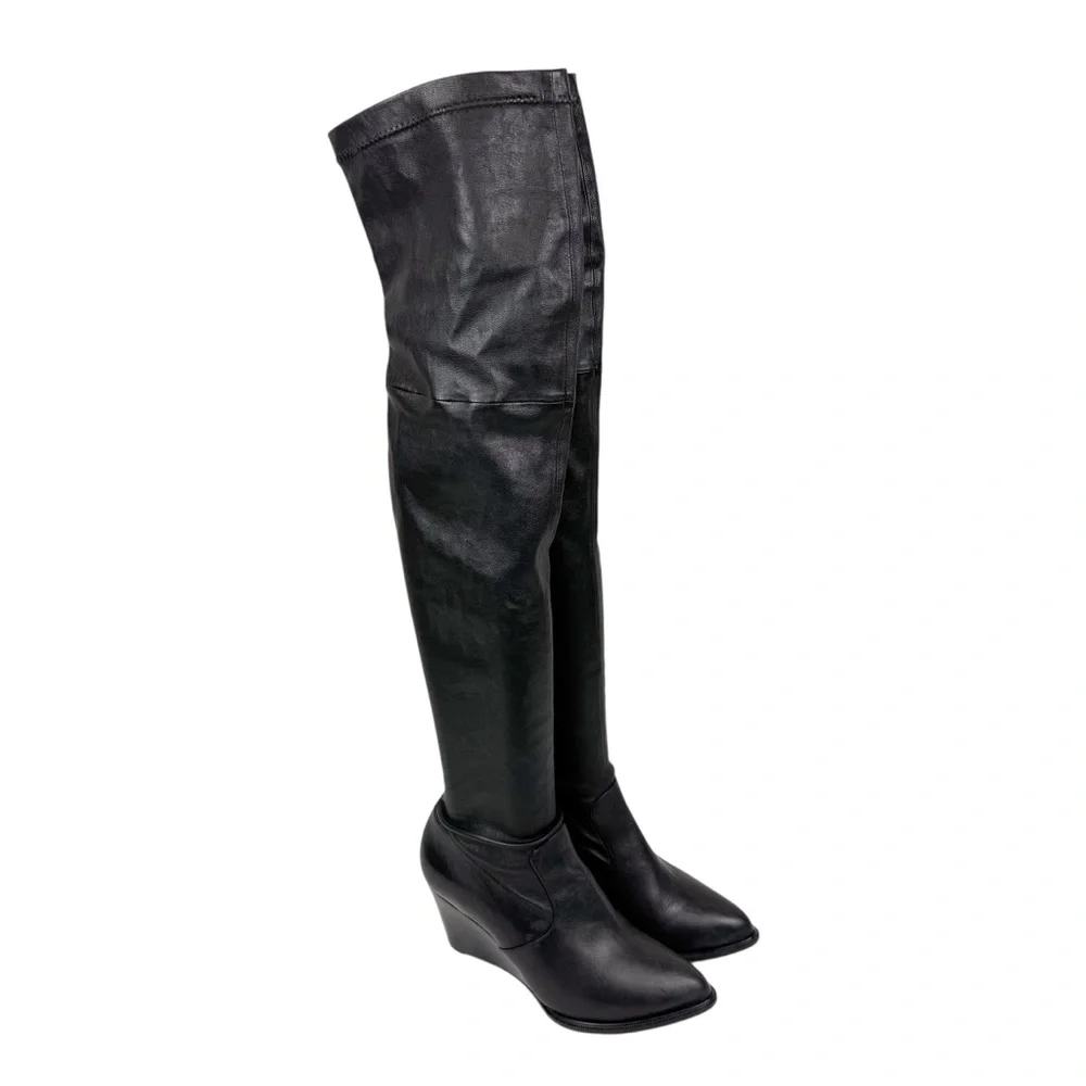 Robert Clergerie Black Leather Over the Knee Thigh High Wedge Boots Point Toe 7